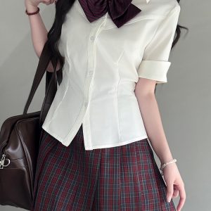 Fitted Short Sleeve Pudding Bear JK Uniform Blouse - Summer Japanese School Style Women's Top for Y2K and Kawaii Fashion