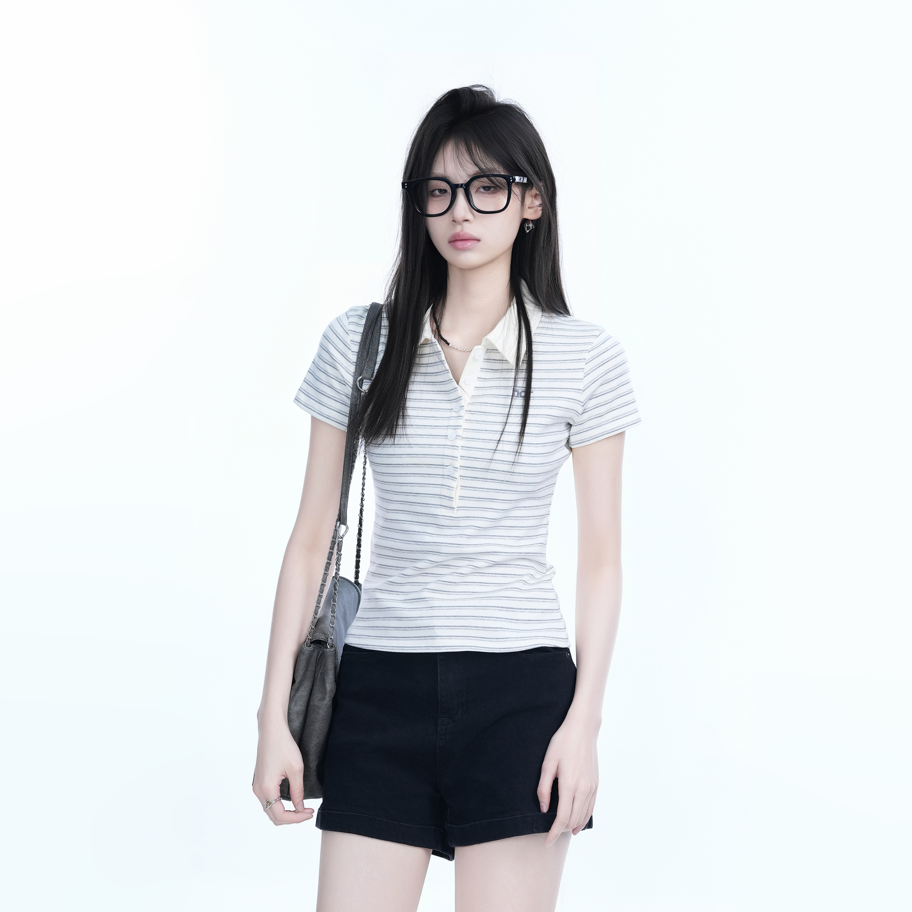 Fitted Short-Sleeve Striped Polo Shirt for Women - European American College Style, Slimming Design, Trendy Casual Wear