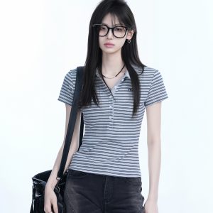 Fitted Short-Sleeve Striped Polo Shirt for Women - European American College Style, Slimming Design, Trendy Casual Wear