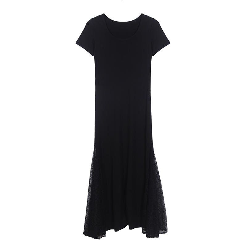 Fitted Spliced Short-Sleeve Dress, Modal, Slimming Lace Round Neck, Black Long Dress, 2025 Summer Style, European American Fashion