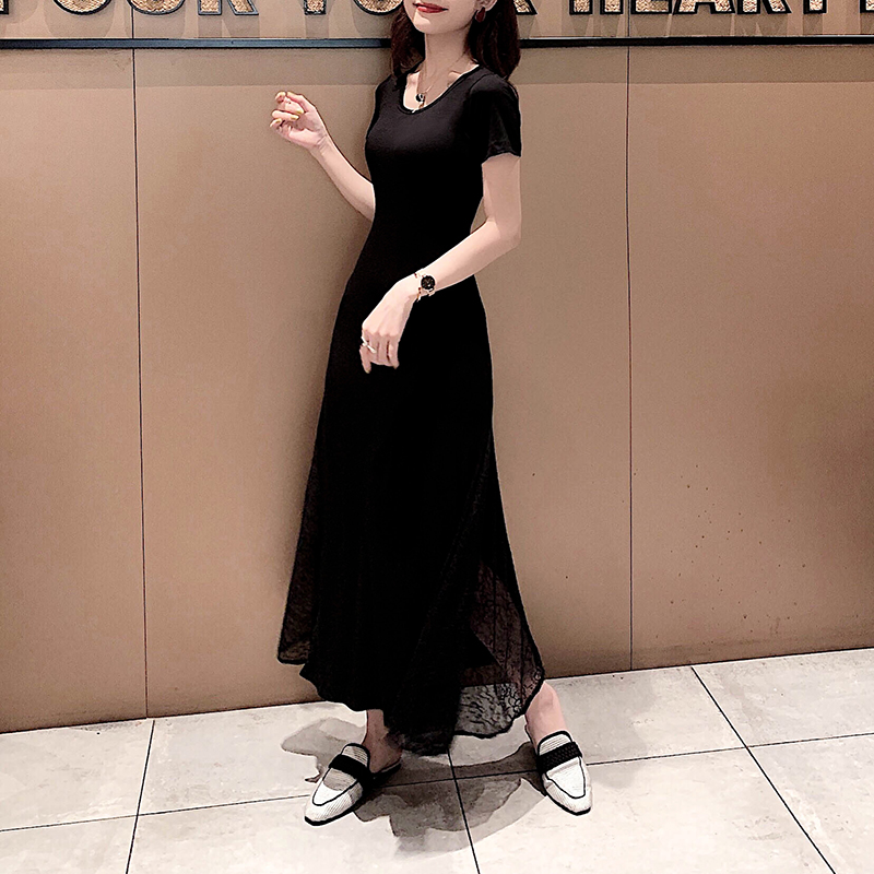 Fitted Spliced Short-Sleeve Dress, Modal, Slimming Lace Round Neck, Black Long Dress, 2025 Summer Style, European American Fashion