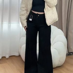 Flared Bell-Bottom Pants for Pear-Shaped Figures, Loose-Fitting Wide-Leg Black Denim Jeans for Women