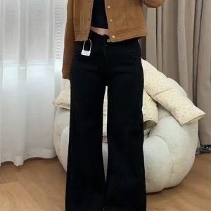 Flared Bell-Bottom Pants for Pear-Shaped Figures, Loose-Fitting Wide-Leg Black Denim Jeans for Women