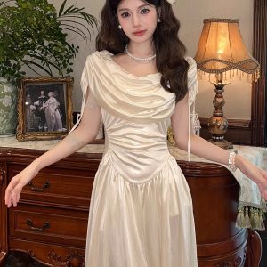 Flared Collar Little White Dress with French Court Design - Three-Color High-End Summer Dress for a Chic 90s Look