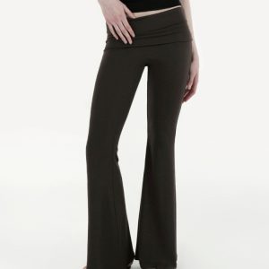Flared Waist Knitted Ribbed Slim-Fit Pants - Y2K Style, Comfortable Fashionable Trousers for Effortless Everyday Wear