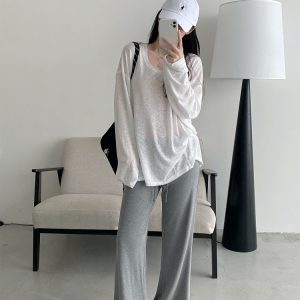 Flared Yoga Pants for Women - Sun Grapefruit Modal, Relaxed Fit Casual Long Pants, Spring Summer Style, Comfortable Activewear