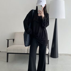 Flared Yoga Pants for Women - Sun Grapefruit Modal, Relaxed Fit Casual Long Pants, Spring Summer Style, Comfortable Activewear