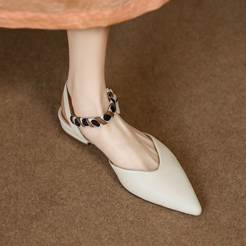 Flattering Genuine Leather Pointed Toe One-Strap Sandals for Women - Summer 2025 Low Chunky Heel Closed-Toe Design