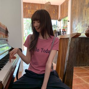 Flocked Letter Printed Short Sleeve T-Shirt for Women - Summer 2025 Slim Fit Casual Top - Trendy Y2K Style