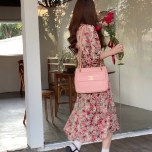 Flora Honey Red Retro Floral Short Sleeve Dress for Women - Summer Puff Sleeve Vintage Style