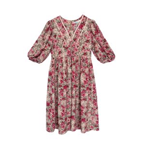 Flora Honey Red Retro Floral Short Sleeve Dress for Women - Summer Puff Sleeve Vintage Style