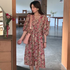 Flora Honey Red Retro Floral Short Sleeve Dress for Women - Summer Puff Sleeve Vintage Style