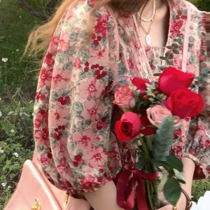 Flora Honey Red Retro Floral Short Sleeve Dress for Women - Summer Puff Sleeve Vintage Style