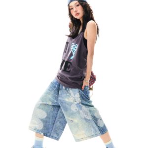 Floral 3D Chain Print Wide-Leg Denim Shorts for Women - American Style Loose-Fit Three-Quarter Pants, Trendy Y2K Fashion