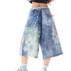 Floral 3D Chain Print Wide-Leg Denim Shorts for Women - American Style Loose-Fit Three-Quarter Pants, Trendy Y2K Fashion