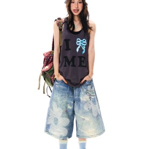 Floral 3D Chain Print Wide-Leg Denim Shorts for Women - American Style Loose-Fit Three-Quarter Pants, Trendy Y2K Fashion