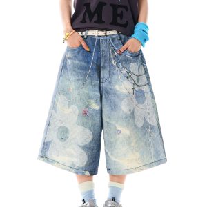 Floral 3D Chain Print Wide-Leg Denim Shorts for Women - American Style Loose-Fit Three-Quarter Pants, Trendy Y2K Fashion