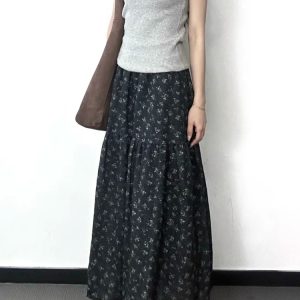 Floral A-Line Midi Skirt for Women, High-Waisted, Slimming Fit, Pear-Shaped Body, Draped Design, 2025 New Style, Elegant Fashion