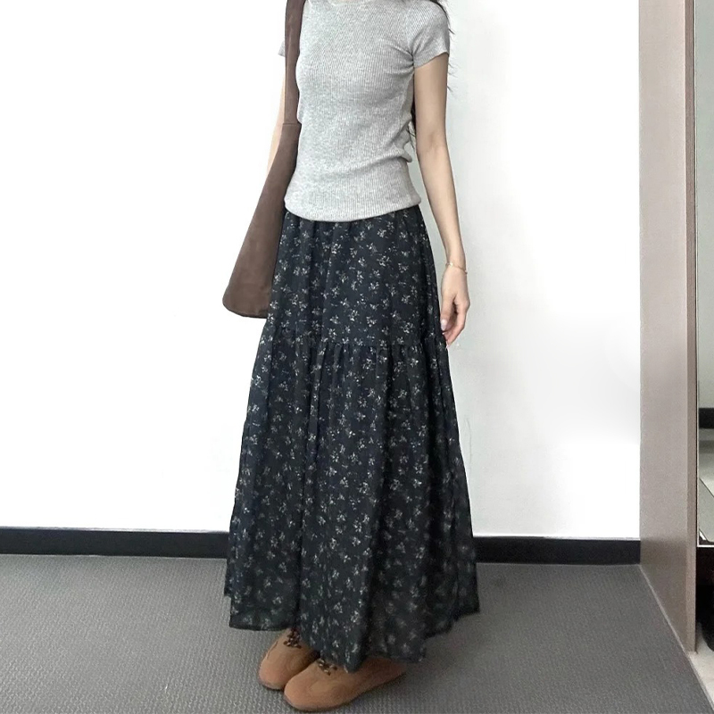 Floral A-Line Midi Skirt for Women, High-Waisted, Slimming Fit, Pear-Shaped Body, Draped Design, 2025 New Style, Elegant Fashion