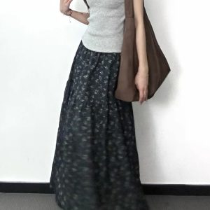 Floral A-Line Midi Skirt for Women, High-Waisted, Slimming Fit, Pear-Shaped Body, Draped Design, 2025 New Style, Elegant Fashion