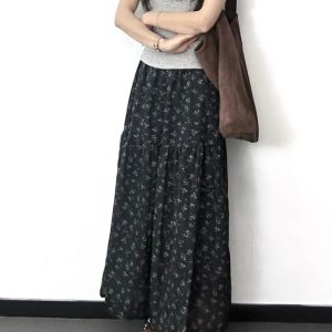 Floral A-Line Midi Skirt for Women, High-Waisted, Slimming Fit, Pear-Shaped Body, Draped Design, 2025 New Style, Elegant Fashion