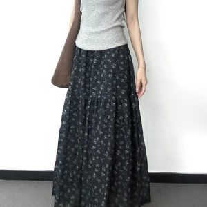 Floral A-Line Midi Skirt for Women, High-Waisted, Slimming Fit, Pear-Shaped Body, Draped Design, 2025 New Style, Elegant Fashion