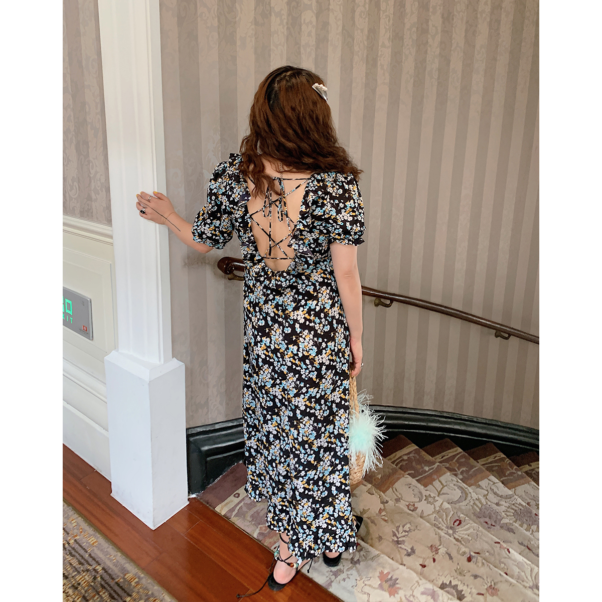 Floral Backless Dress for Women, Plus Size, 2025 Spring Summer Collection, Niche Design, Elegant French Style