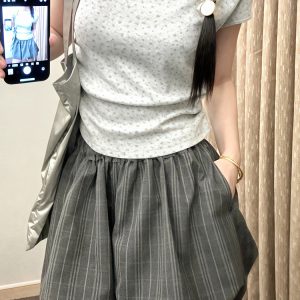 Floral Bud Plaid Skirt Pants for Women - Summer Gray Shorts, Hip-Hiding Slimming Design, Plus Size, Petite Style