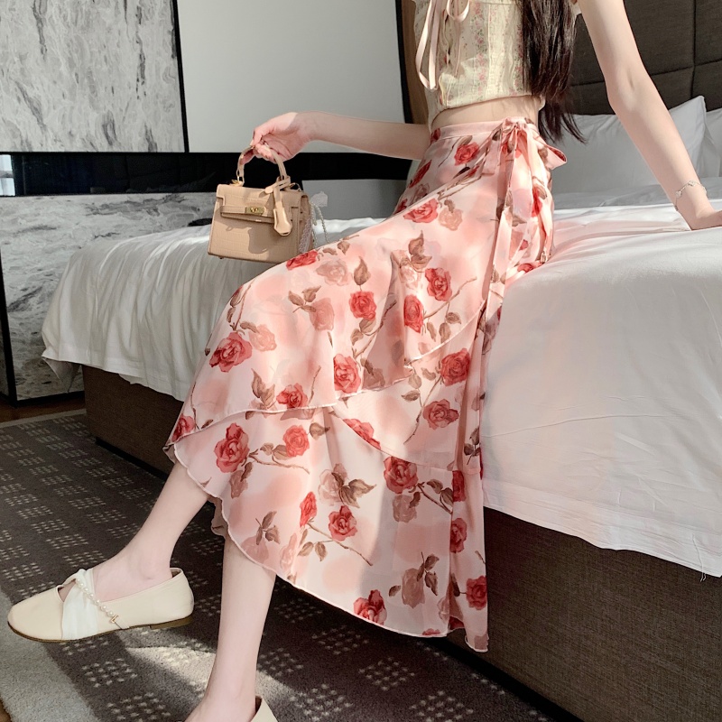 Floral Chiffon Irregular Fishtail Skirt for Women - Summer One-Piece Ruffle Split Skirt in Trendy Floral Design