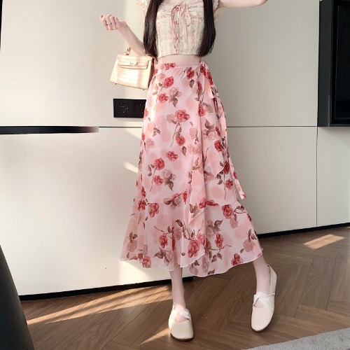 Floral Chiffon Irregular Fishtail Skirt for Women - Summer One-Piece Ruffle Split Skirt in Trendy Floral Design