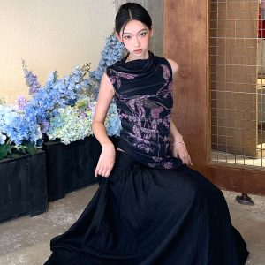 Floral Elastic Mesh Vest Top with Wrinkled Slim Fit for a Desert Island Night, Perfect for Y2K and Current Trends