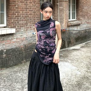 Floral Elastic Mesh Vest Top with Wrinkled Slim Fit for a Desert Island Night, Perfect for Y2K and Current Trends