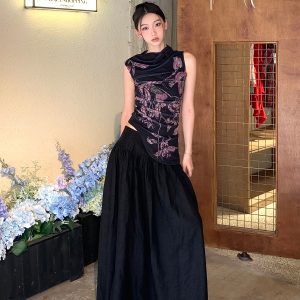 Floral Elastic Mesh Vest Top with Wrinkled Slim Fit for a Desert Island Night, Perfect for Y2K and Current Trends