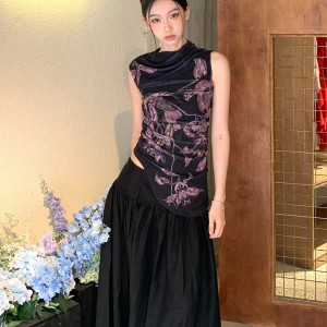 Floral Elastic Mesh Vest Top with Wrinkled Slim Fit for a Desert Island Night, Perfect for Y2K and Current Trends