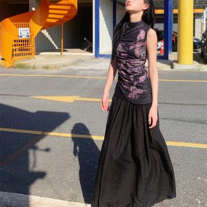 Floral Elastic Mesh Vest Top with Wrinkled Slim Fit for a Desert Island Night, Perfect for Y2K and Current Trends