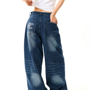 Floral Embroidered Denim Pants for Women - American Retro Casual Loose Wide-Leg Trousers, Y2K Inspired Fashion