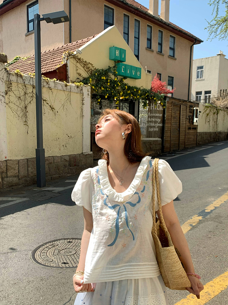 Floral Embroidery Linen Short Sleeve Shirt and Skirt Set for Women - Vintage Summer Outfit, Loose Fit, Boho Style Floral Embroidery Linen Short Sleeve Shirt and Skirt Set for Women - Vintage Summer Outfit, Loose Fit, Boho Style