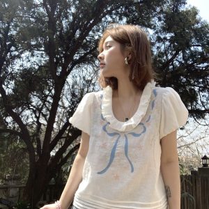 Floral Embroidery Linen Short Sleeve Shirt and Skirt Set for Women - Vintage Summer Outfit, Loose Fit, Boho Style