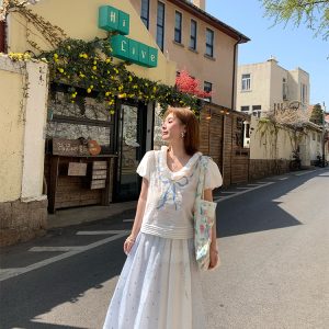 Floral Embroidery Linen Short Sleeve Shirt and Skirt Set for Women - Vintage Summer Outfit, Loose Fit, Boho Style