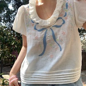 Floral Embroidery Linen Short Sleeve Shirt and Skirt Set for Women - Vintage Summer Outfit, Loose Fit, Boho Style