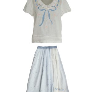 Floral Embroidery Linen Short Sleeve Shirt and Skirt Set for Women - Vintage Summer Outfit, Loose Fit, Boho Style