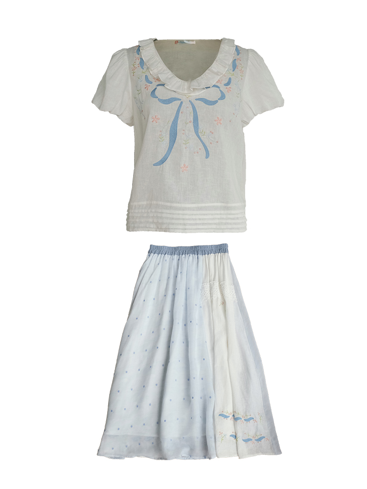 Floral Embroidery Linen Short Sleeve Shirt and Skirt Set for Women - Vintage Summer Outfit, Loose Fit, Boho Style Floral Embroidery Linen Short Sleeve Shirt and Skirt Set for Women - Vintage Summer Outfit, Loose Fit, Boho Style