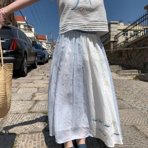 Floral Embroidery Linen Short Sleeve Shirt and Skirt Set for Women - Vintage Summer Outfit, Loose Fit, Boho Style