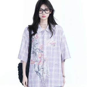 Floral Embroidery Pink Purple Checkered Short Sleeve Shirt for Women - Trendy Loose Fit, National Style, Perfect for Y2K Fashion