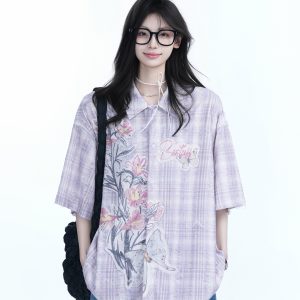 Floral Embroidery Pink Purple Checkered Short Sleeve Shirt for Women - Trendy Loose Fit, National Style, Perfect for Y2K Fashion