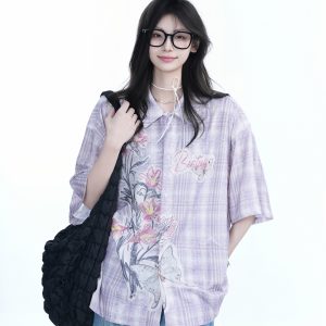 Floral Embroidery Pink Purple Checkered Short Sleeve Shirt for Women - Trendy Loose Fit, National Style, Perfect for Y2K Fashion