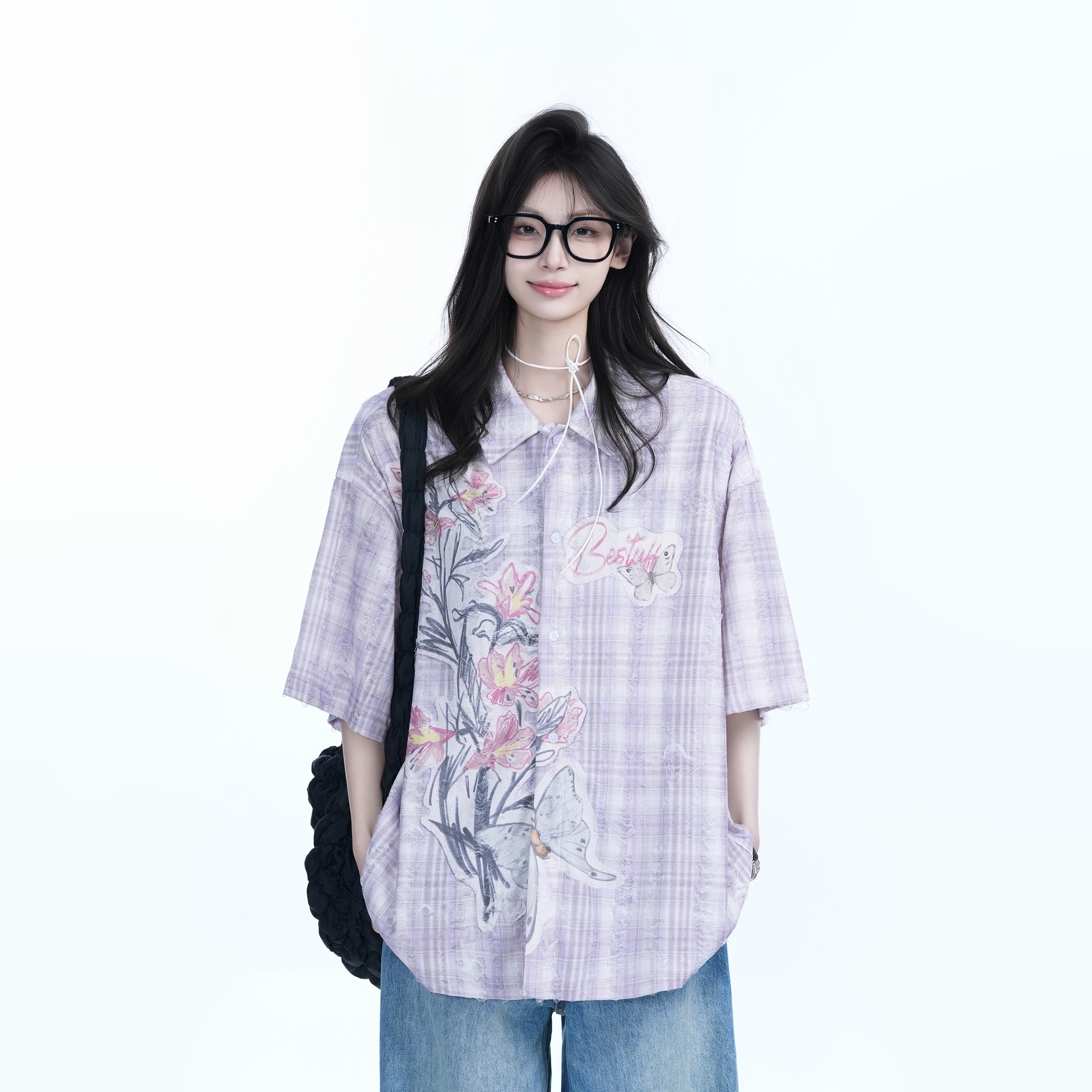 Floral Embroidery Pink Purple Checkered Short Sleeve Shirt for Women - Trendy Loose Fit, National Style, Perfect for Y2K Fashion