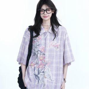 Floral Embroidery Pink Purple Checkered Short Sleeve Shirt for Women - Trendy Loose Fit, National Style, Perfect for Y2K Fashion