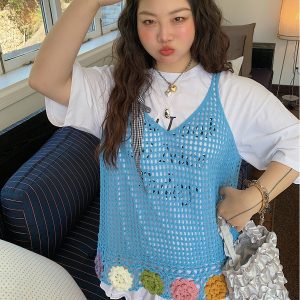 Floral Hollow Vest Women's Cover-up - Handmade Sleeveless Camisole Top for Summer 2025, Trendy Korean Style Outer Wear