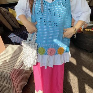 Floral Hollow Vest Women's Cover-up - Handmade Sleeveless Camisole Top for Summer 2025, Trendy Korean Style Outer Wear